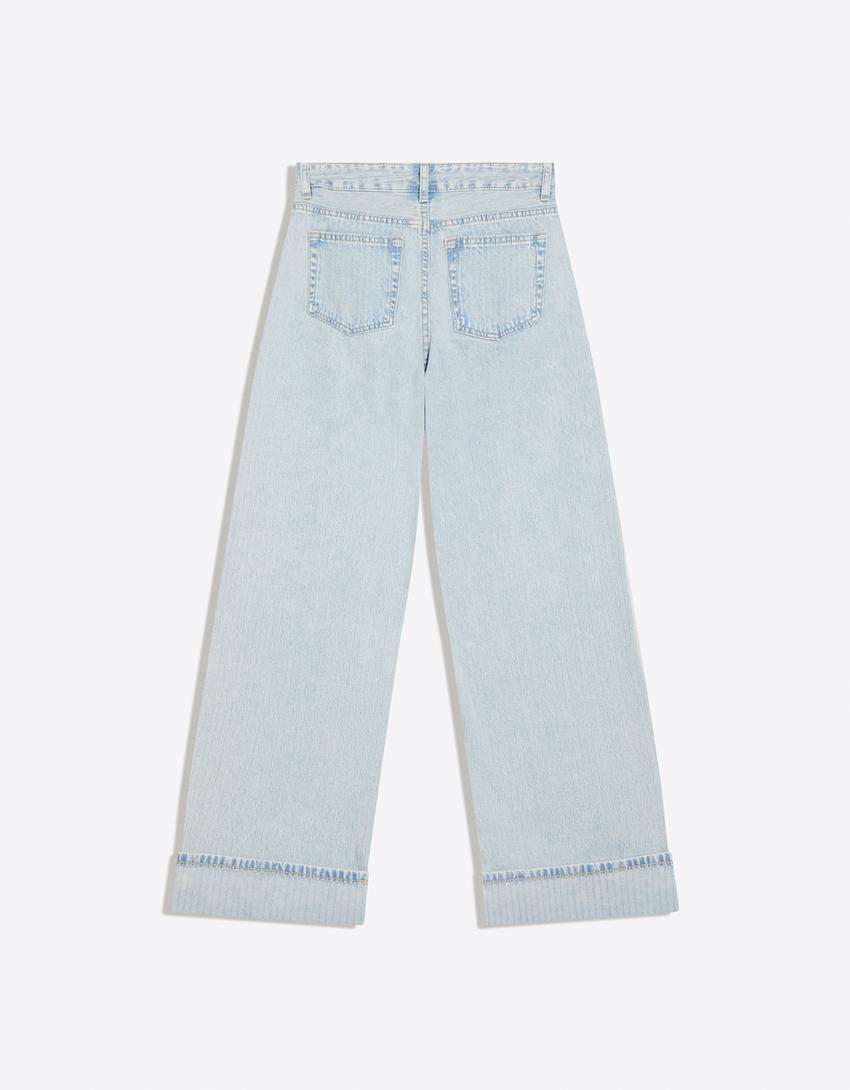 Wide-leg jeans with turn-up hems-Light blue