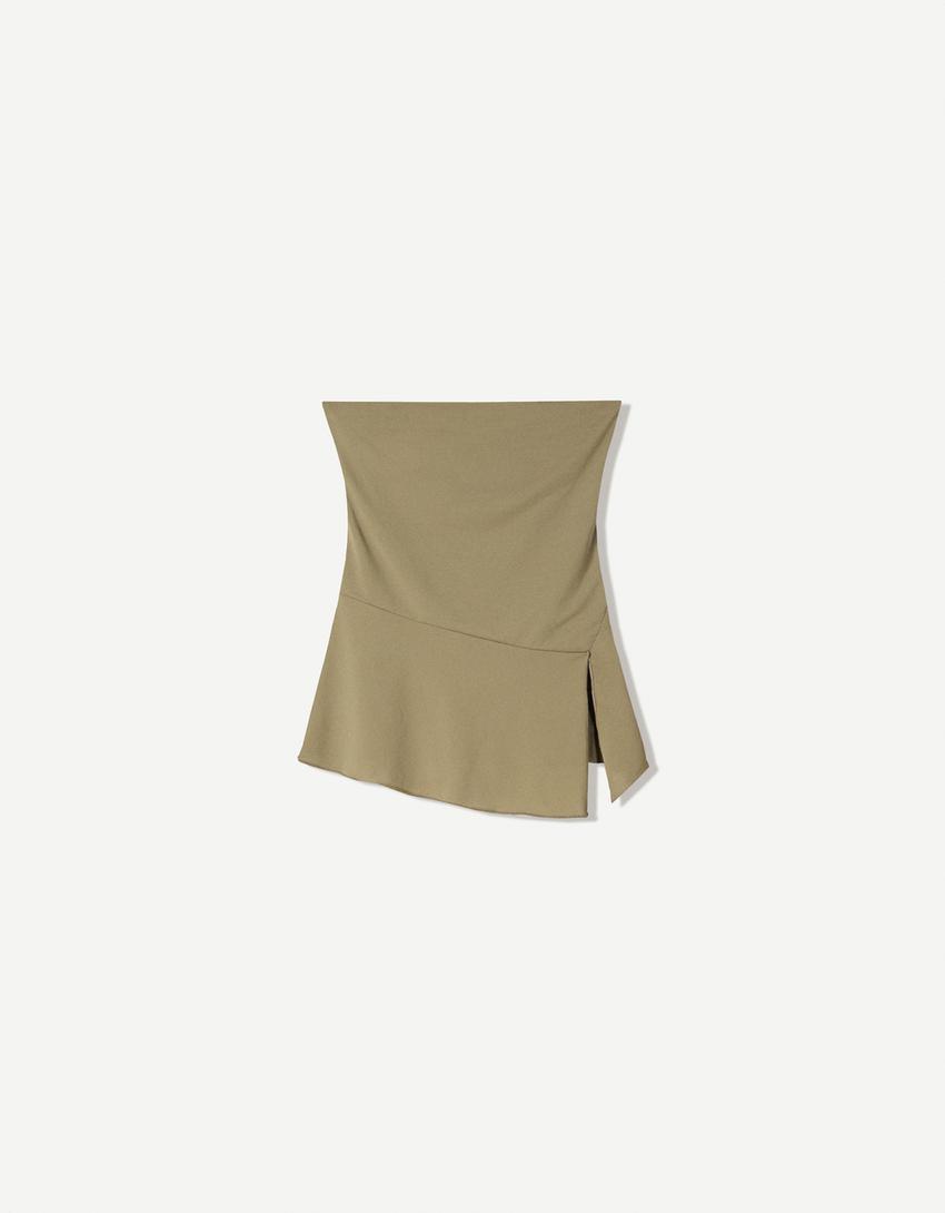 Top bandeau em crepe com bainha assimétrica-Caqui