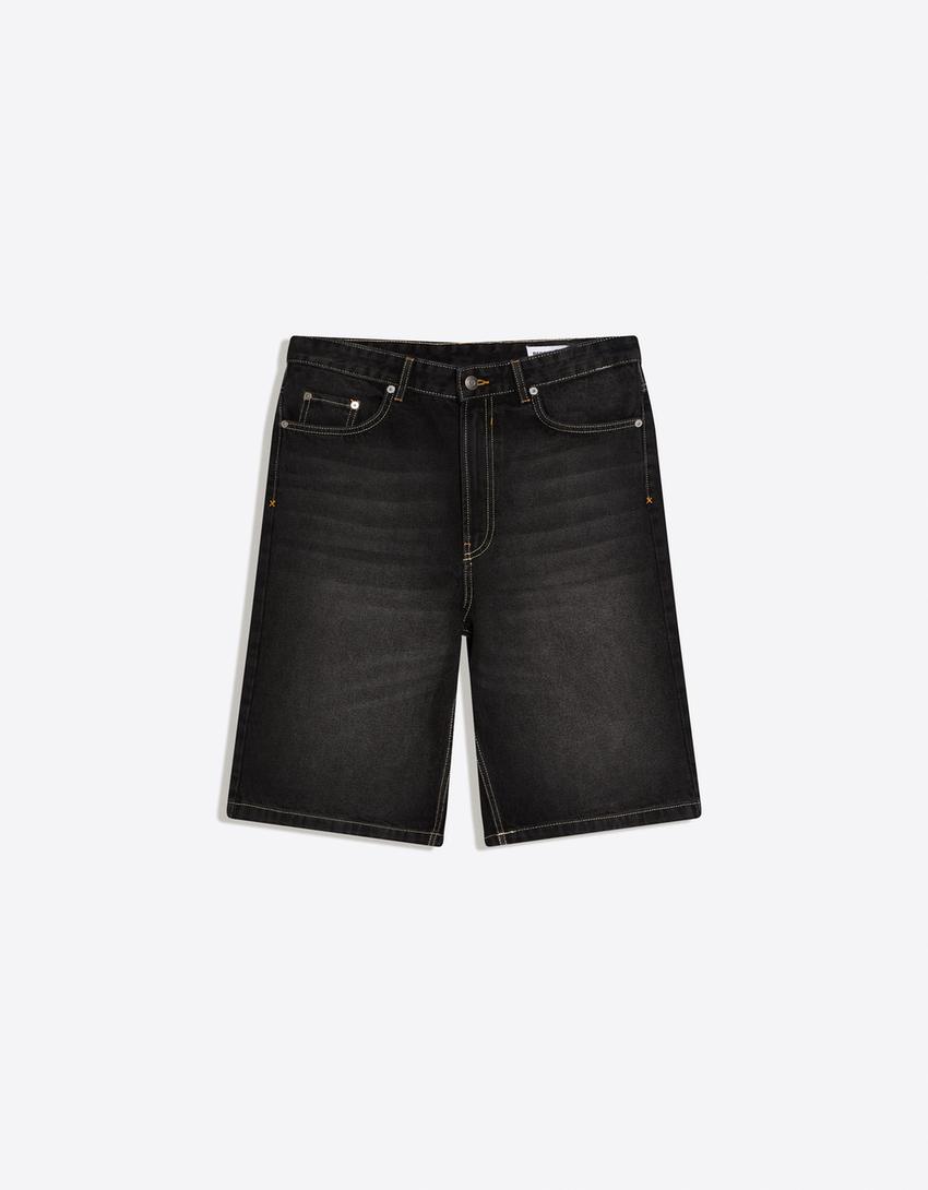 Baggy denim Bermuda shorts-Black