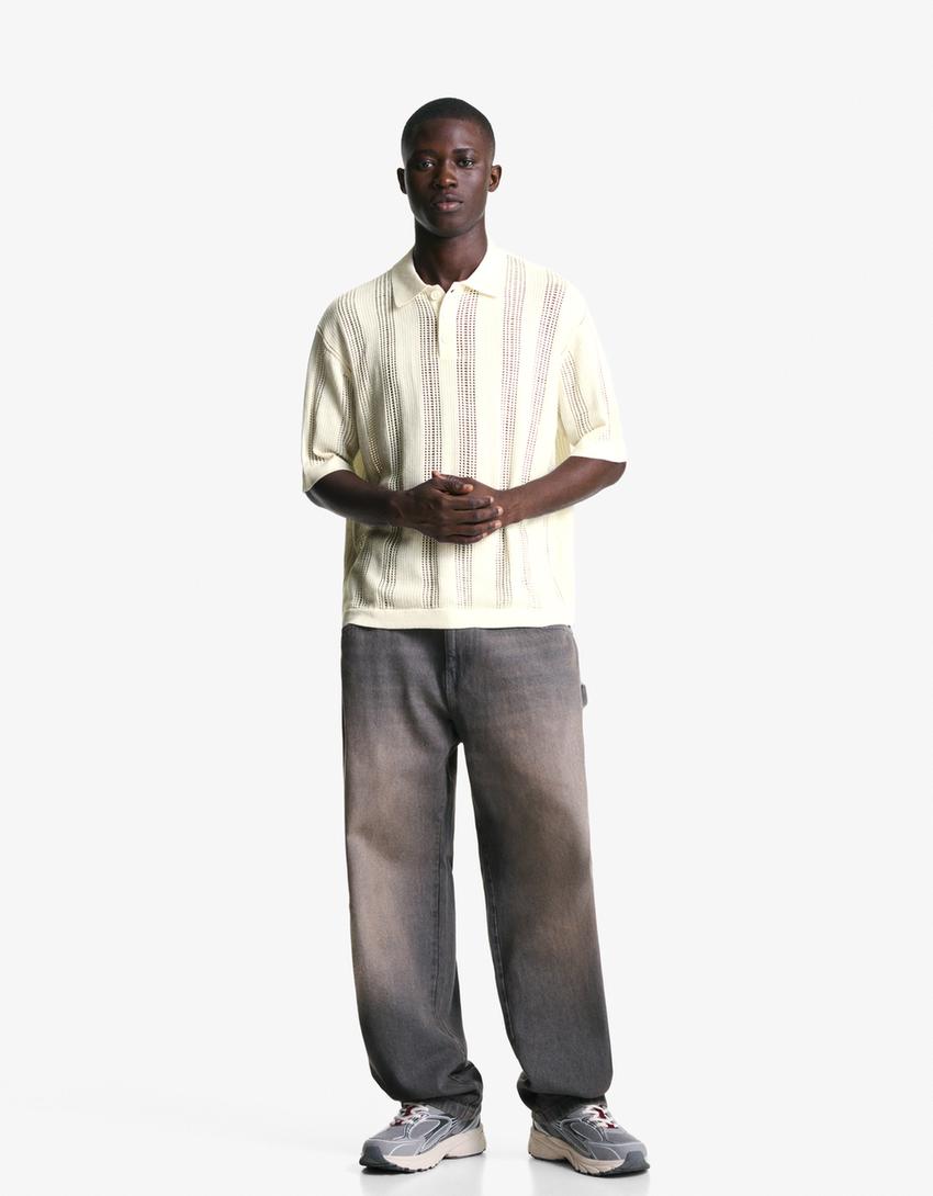 Textured openwork polo shirt-Off white