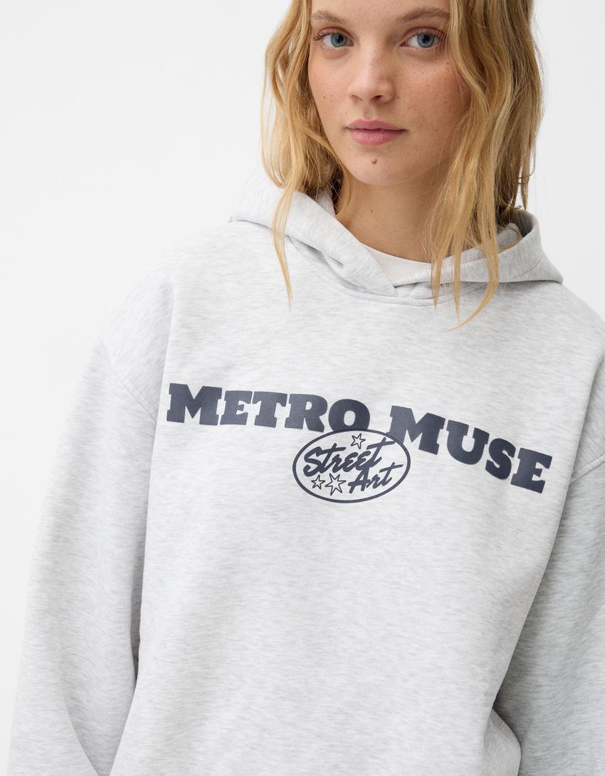 Desenli kapüşonlu sweatshirt-Gri-4