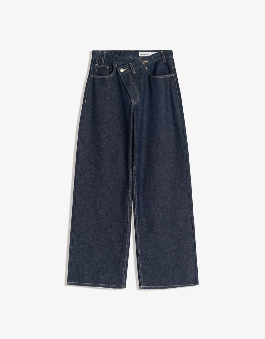 Jeans wide leg taille croisée-Marine