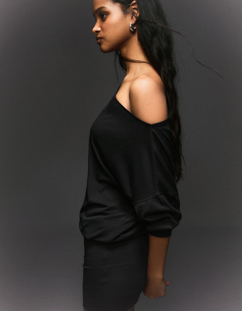 Rochie mini mânecă lungă fustă ajustată-Negru