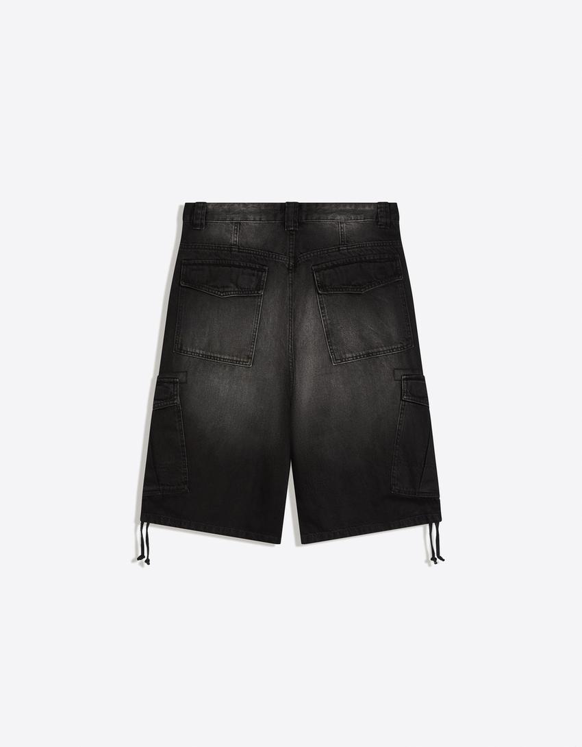 Bermuda en jean cargo parachute-Noir