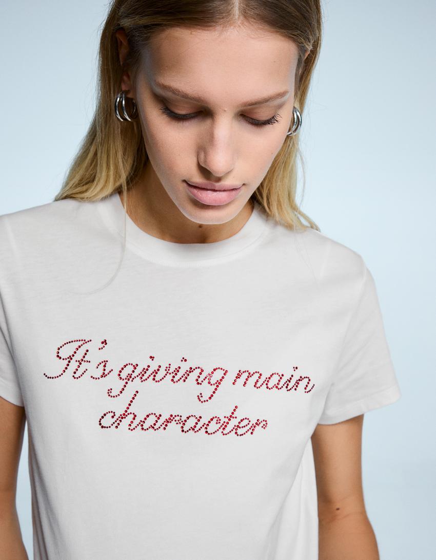 T-shirt à manches courtes imprimé strass-Blanc cassé