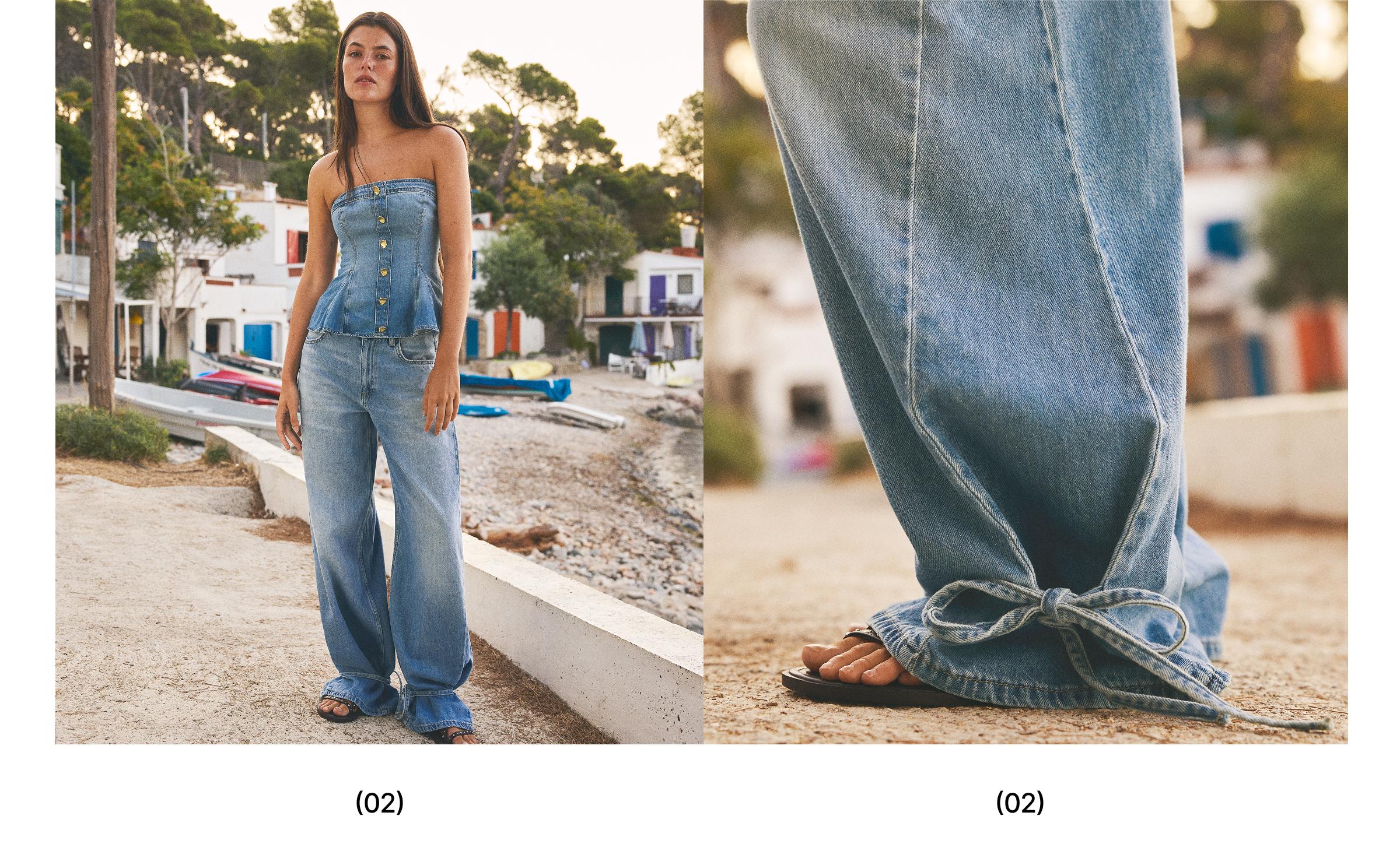 High-waist barrel jeans with ties — Light blue