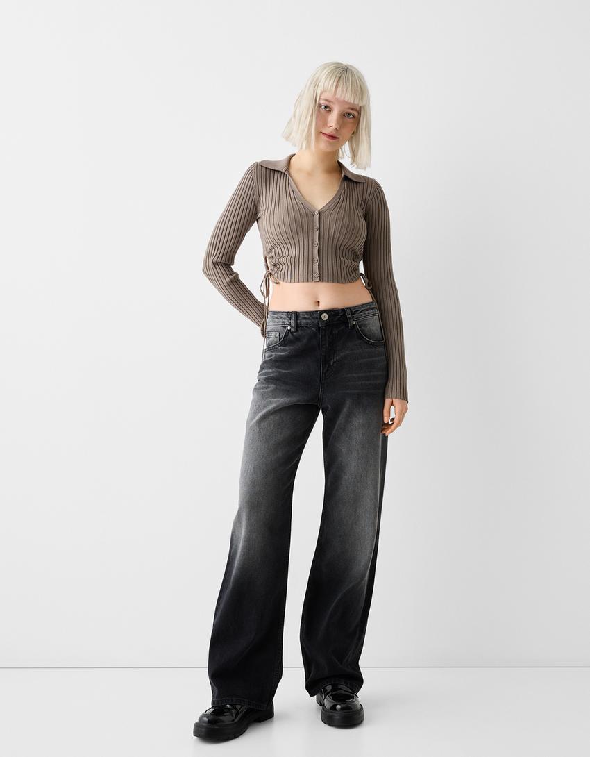 كارديغان بياقة بولو وأزرار وجانب بزمة-رملي-3