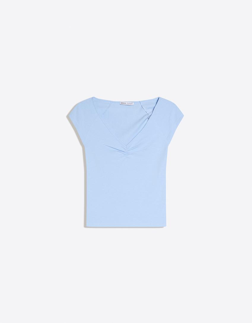 Camiseta manga corta fruncido-Azul claro