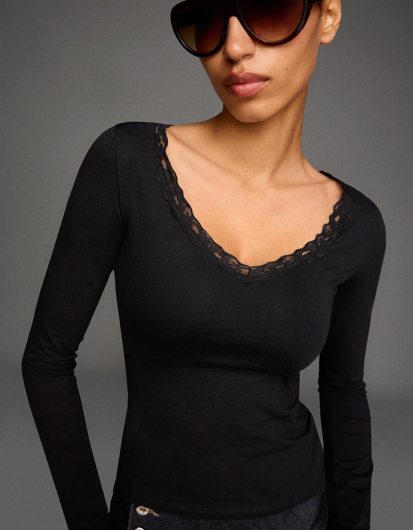 Long sleeve lace T-shirt-Black