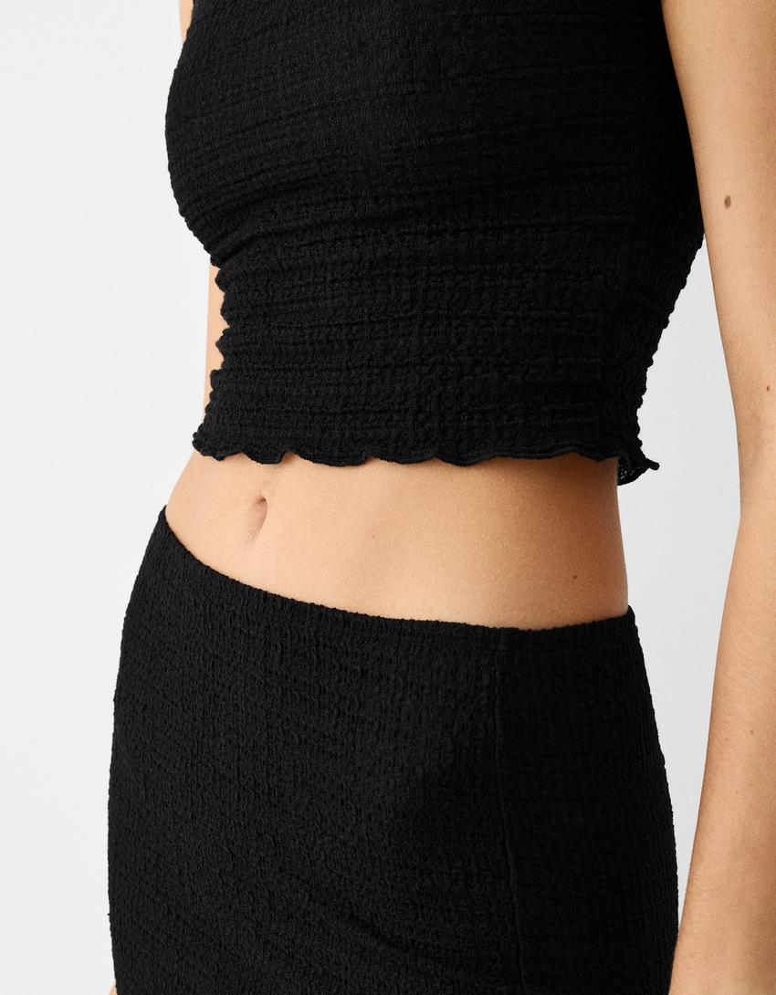 Waffle-knit midi skirt-Black-6