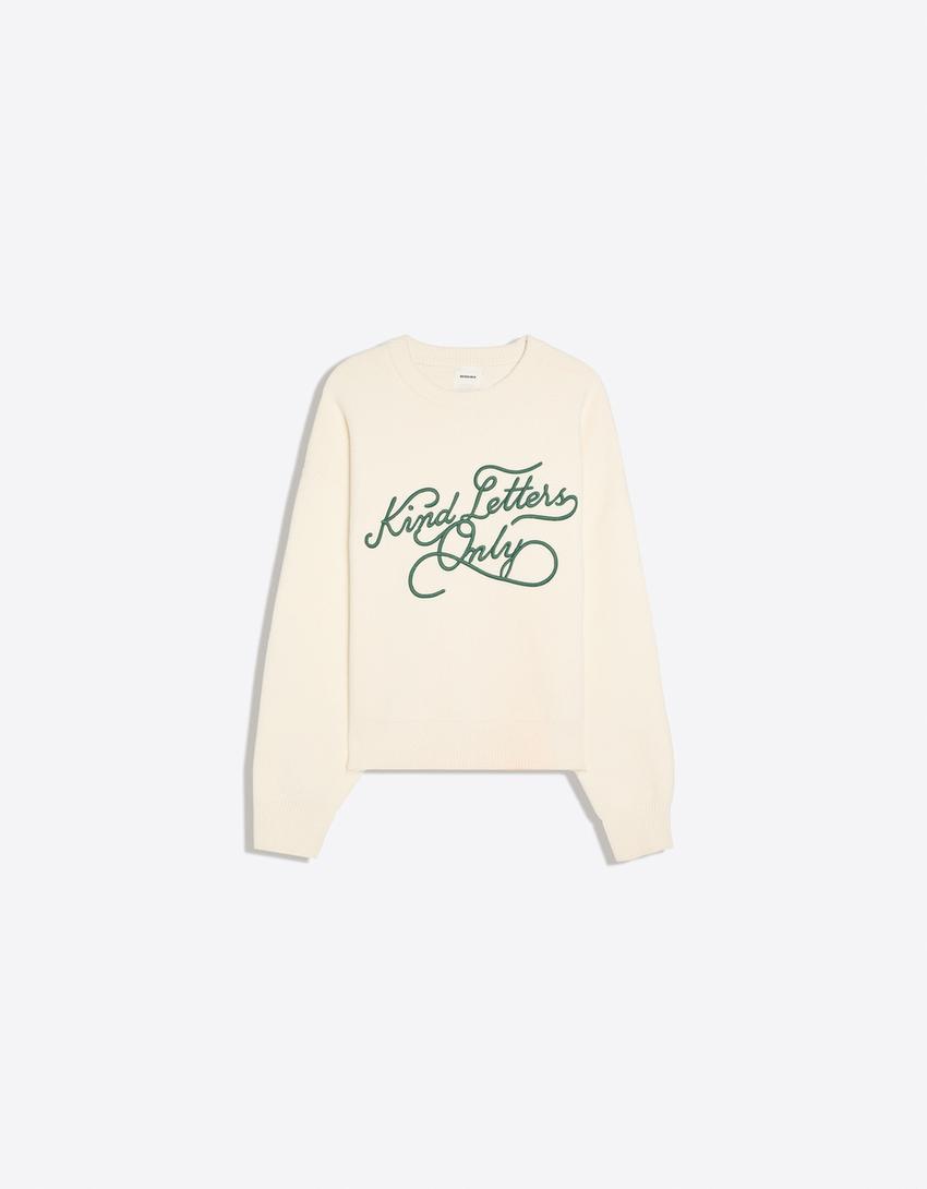 Jersey cuello redondo bordado-Blanco roto