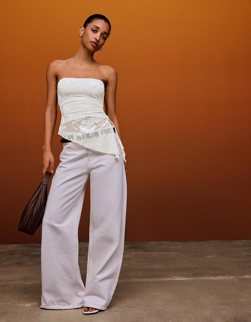 Asymmetric velvet print bandeau top with ruching-Cream