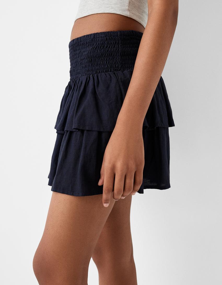 Elastik belli fırfırlı mini etek-Denizci mavisi-3