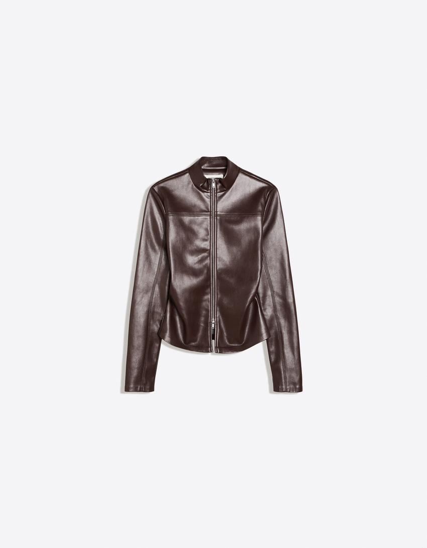 Fitted faux leather shirt with zip-Brown