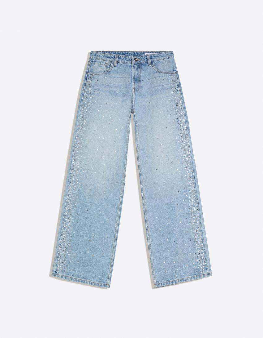 Straight wide leg jeans met hoge taille en glitter-Gewassen blauw