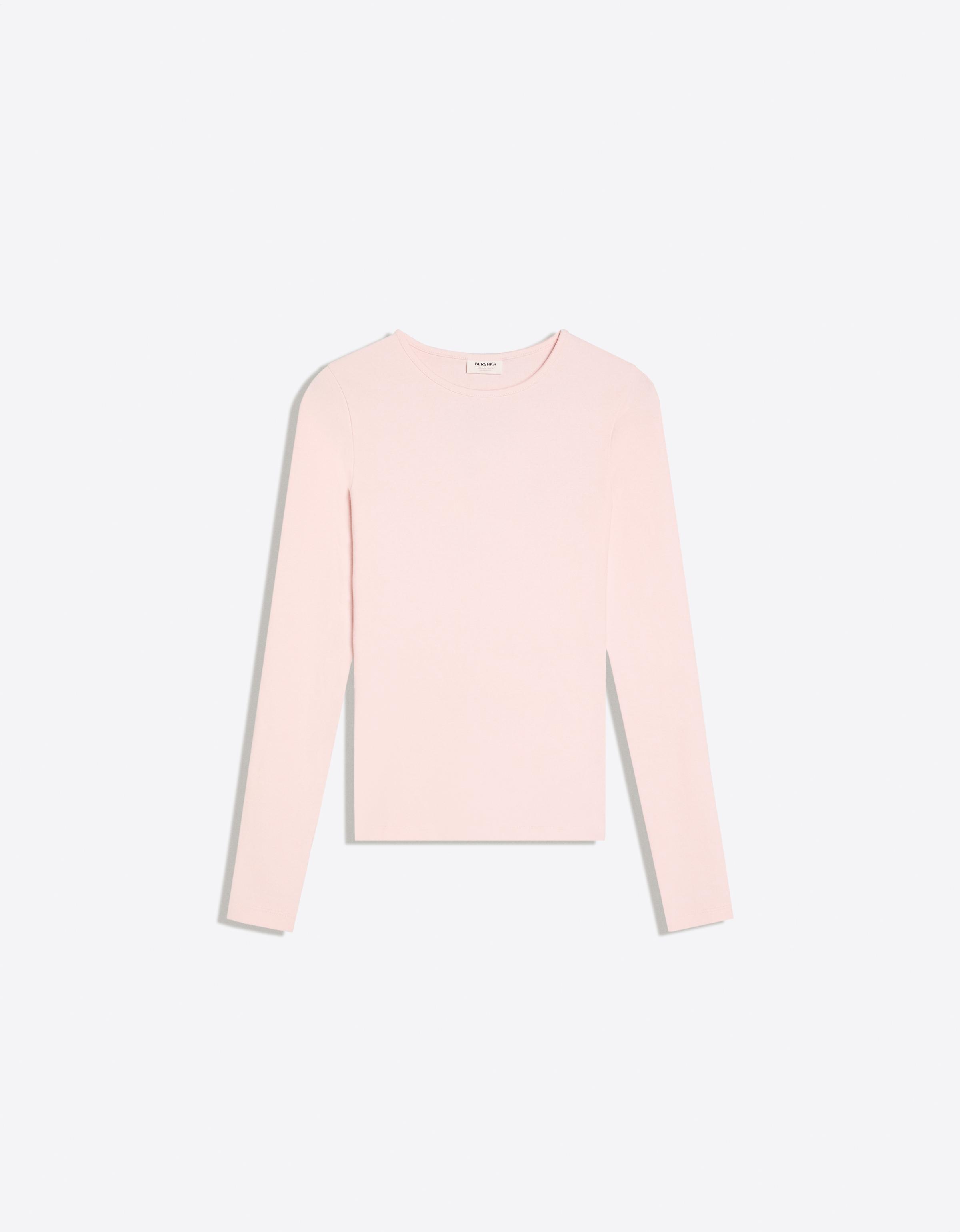 Bershka Camiseta Manga Larga Cuello Redondo Mujer Rosa