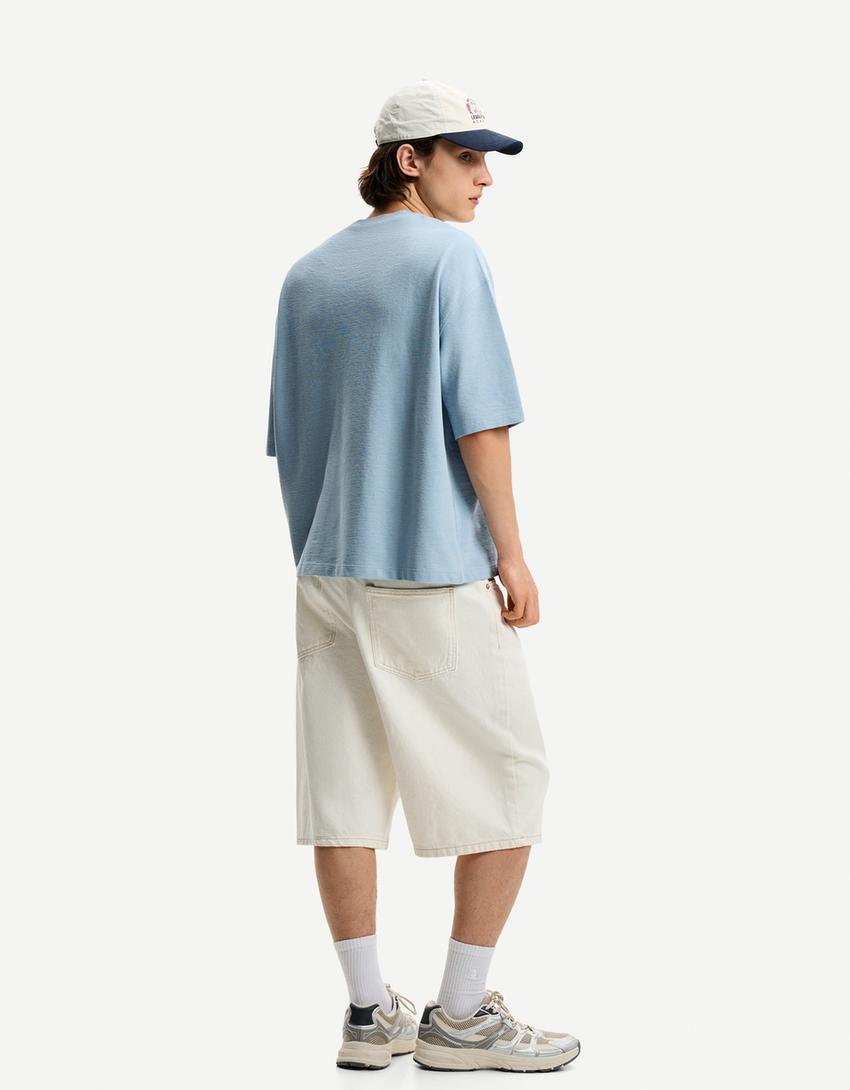 Tricou mânecă scurtă boxy structură broderie-Albastru deschis-1