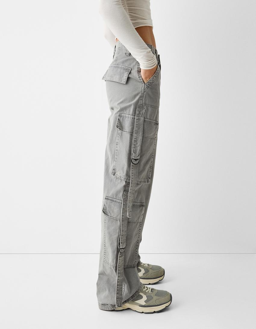 Cotton cargo trousers with straps-Grey