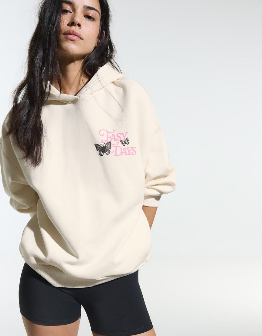 Baskılı kapüşonlu sweatshirt-Krem