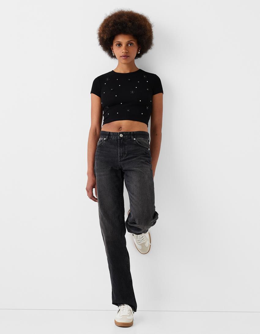Cropped short sleeve T-shirt with detail-Black-3