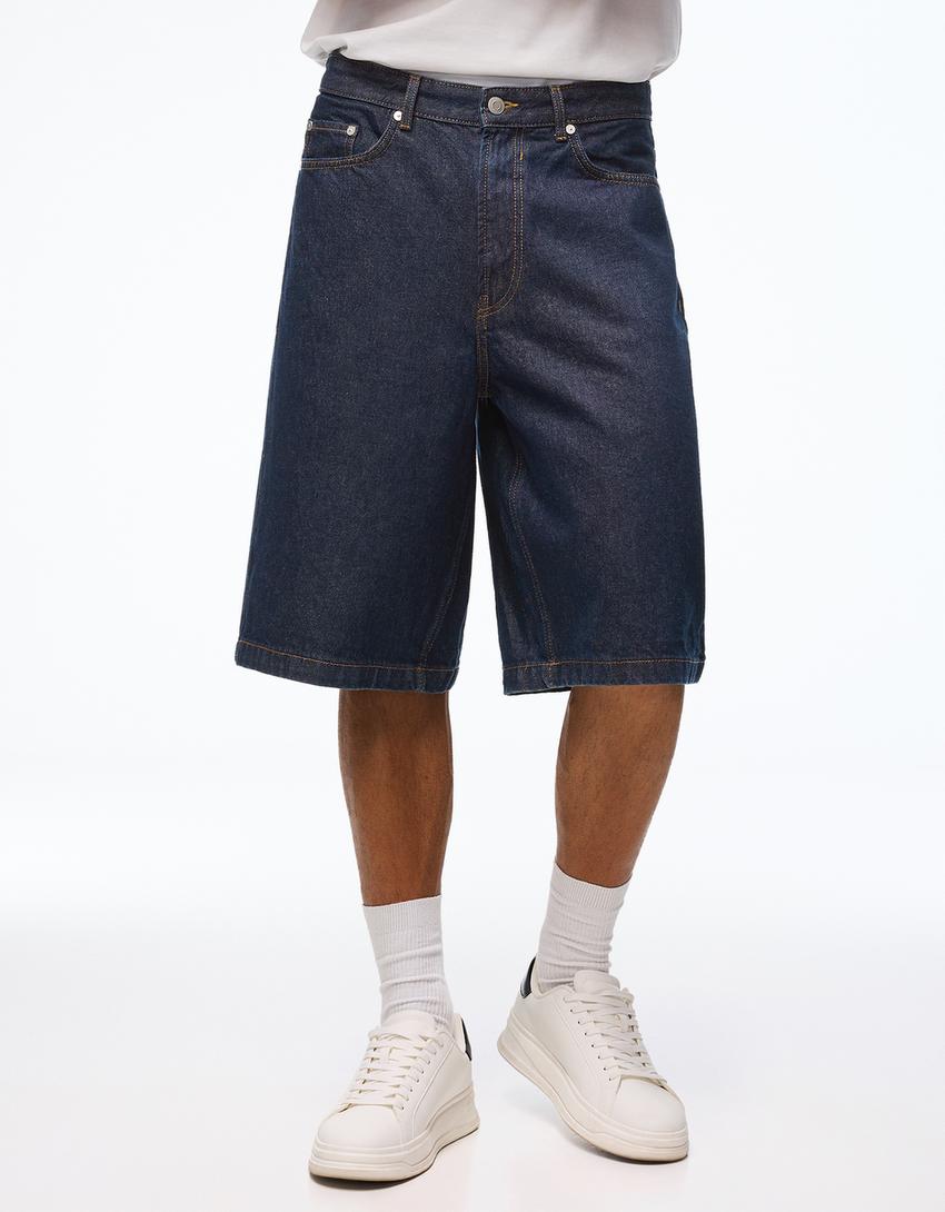 Baggy denim Bermuda shorts-Navy