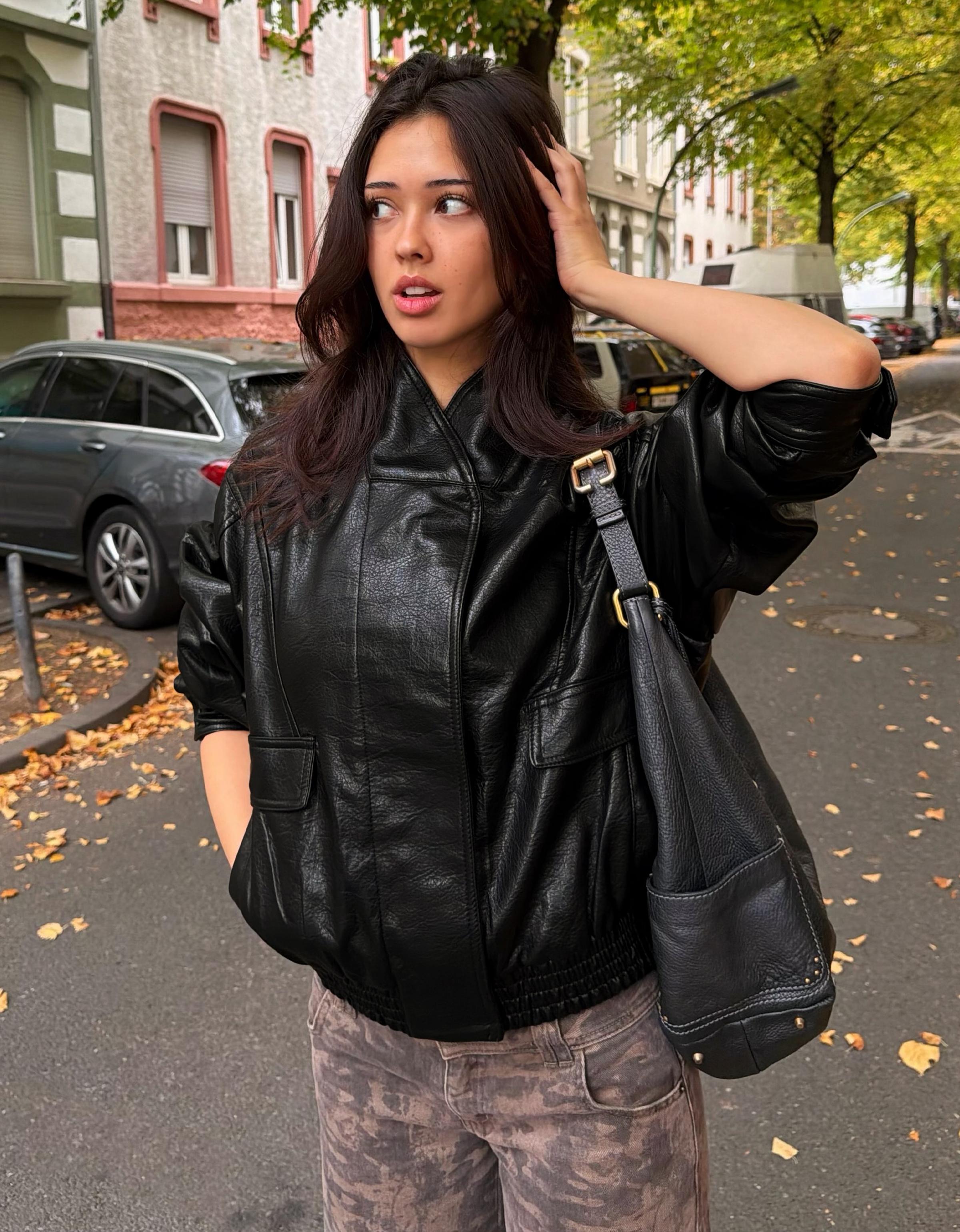 Oversize leather effect crossover collar jacket
