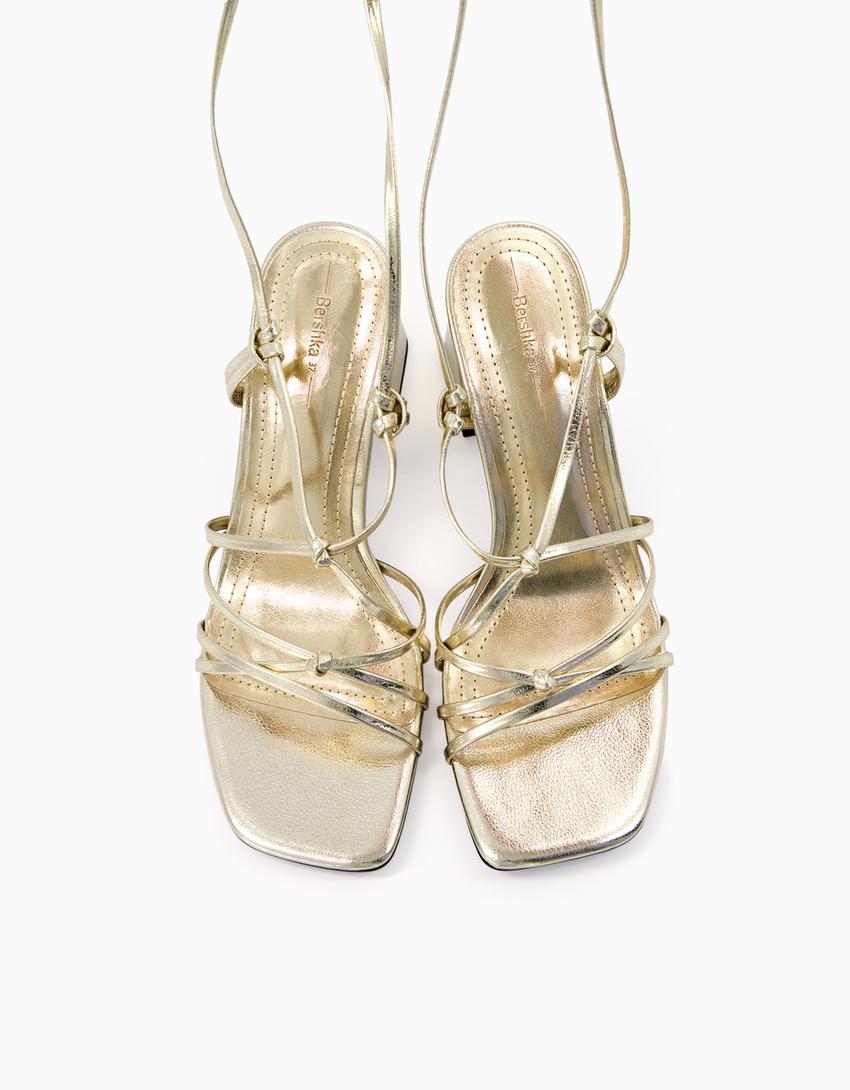 Tied heeled metallic sandals-Gold