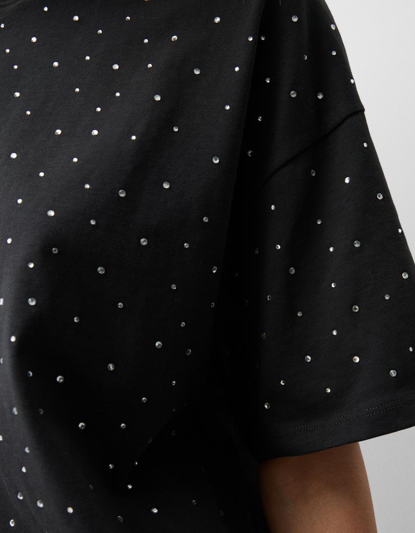 Tricou oversize mânecă scurtă strasuri-Gri închis-4