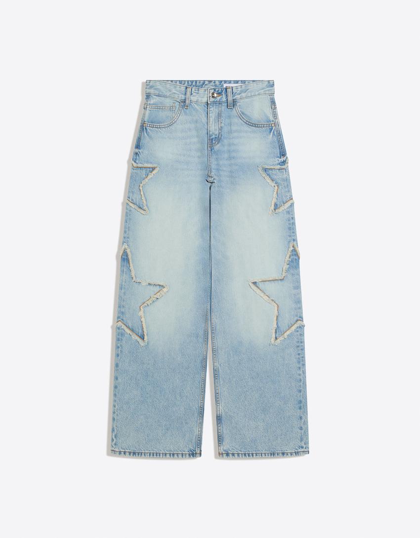 Low-rise boyfriend jeans with stars-Light blue