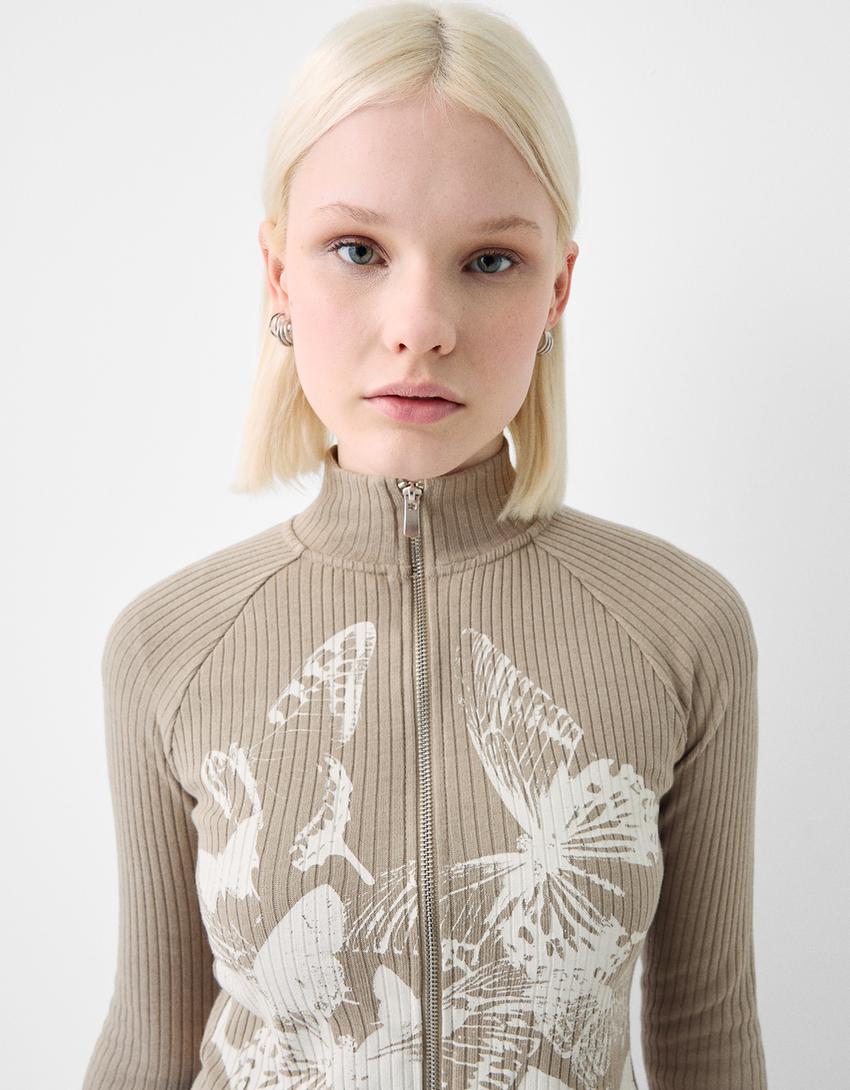 كارديغان بطبعة وسحاب-كاكي-5