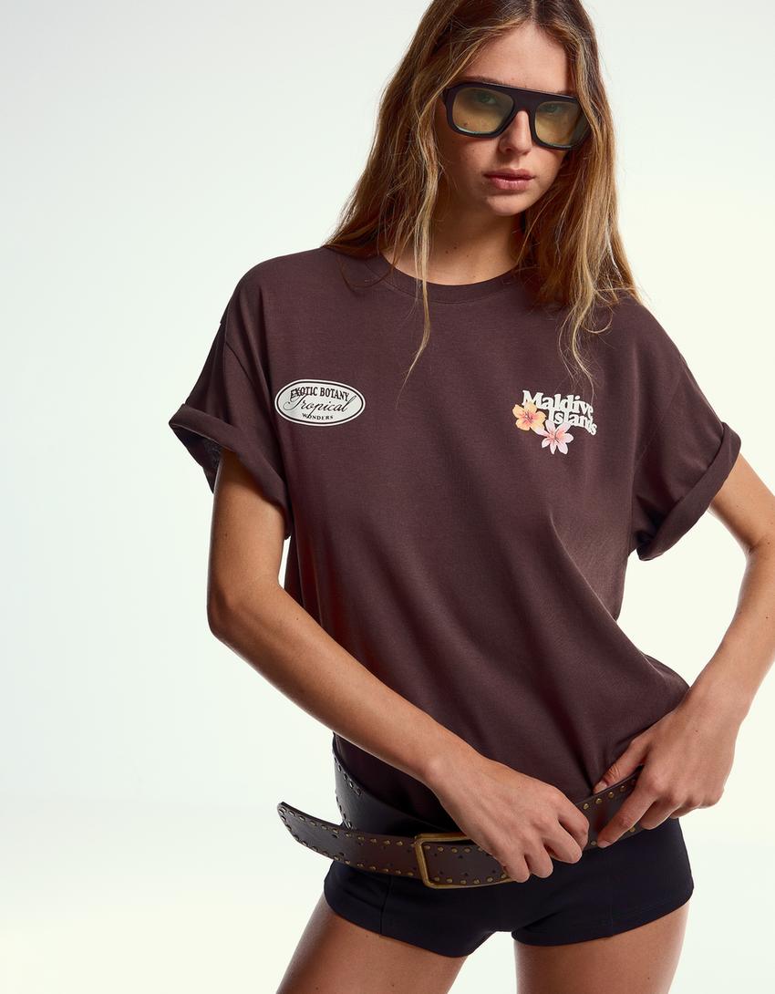T-shirt manches courtes oversize imprimé-Marron-1