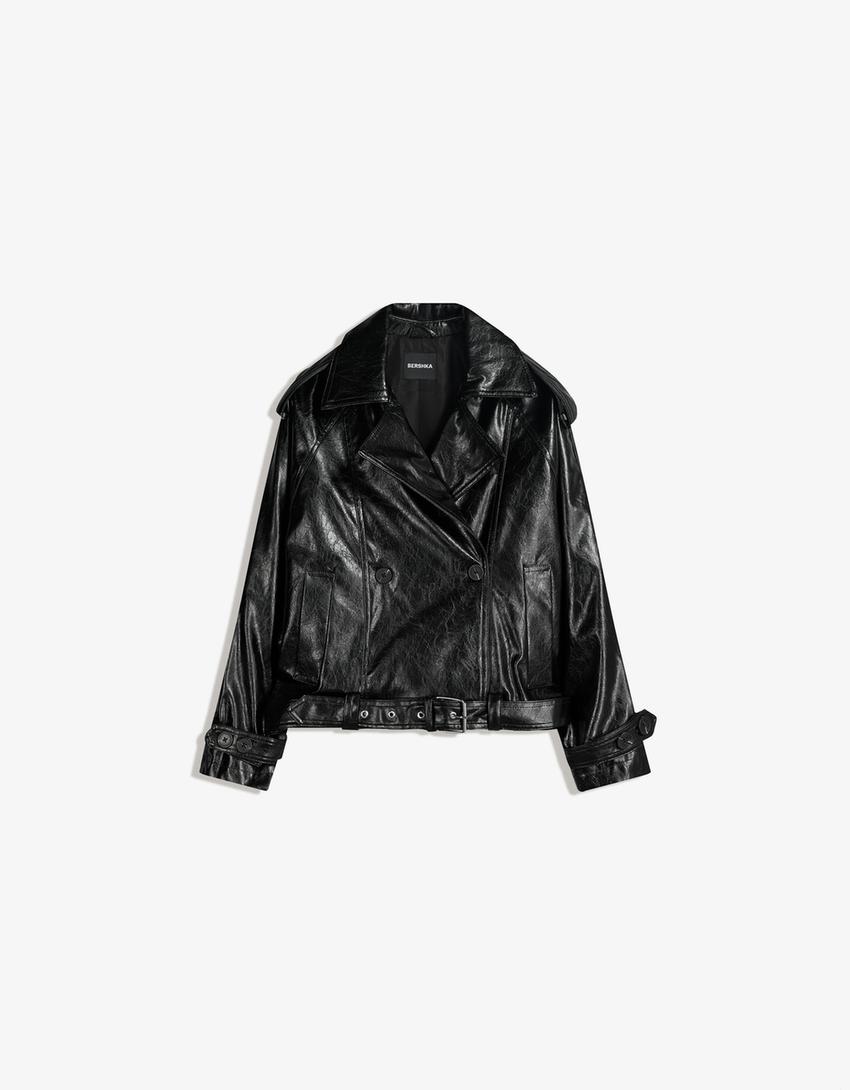 Blusão trench curto de polipele-Preto