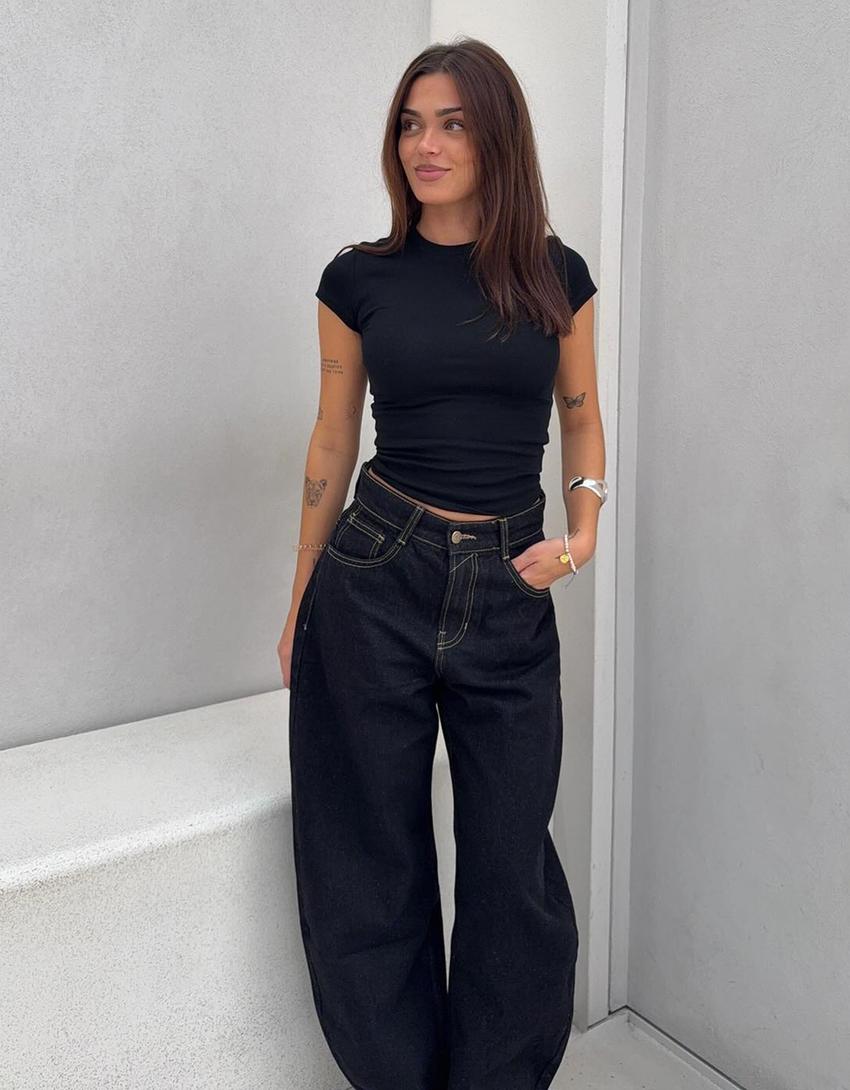 Wide-leg barrel jeans-Black