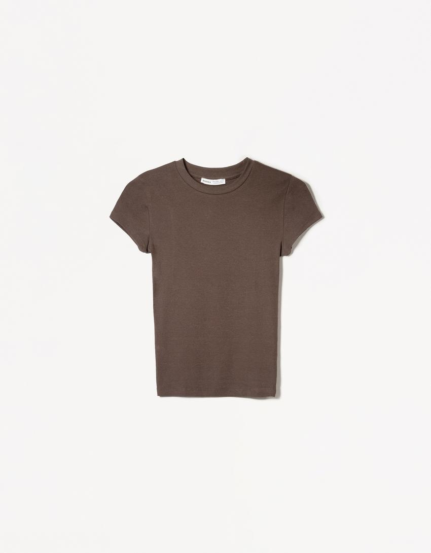 T-shirt met ronde hals en korte mouw-Bruin
