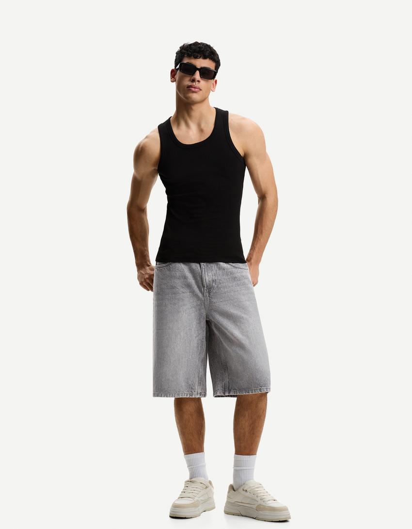 Baggy denim Bermuda shorts-Grey