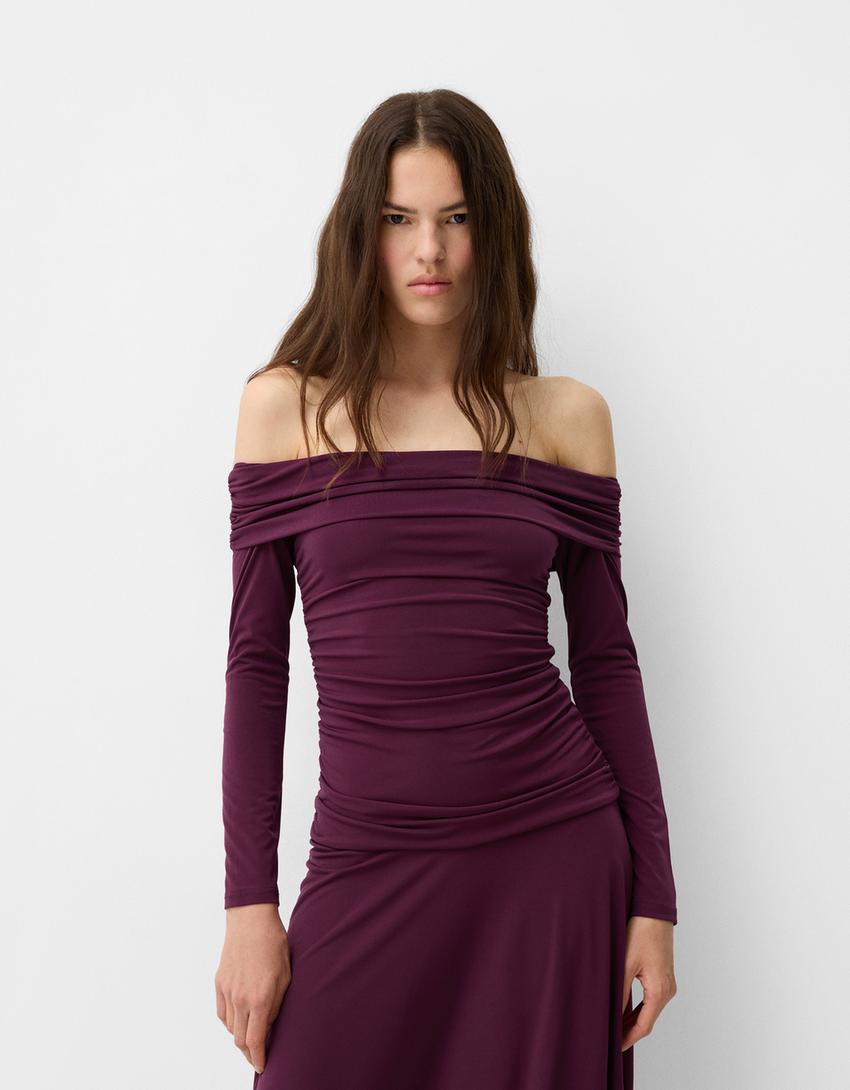 Gathered long sleeve midi dress-Maroon-1