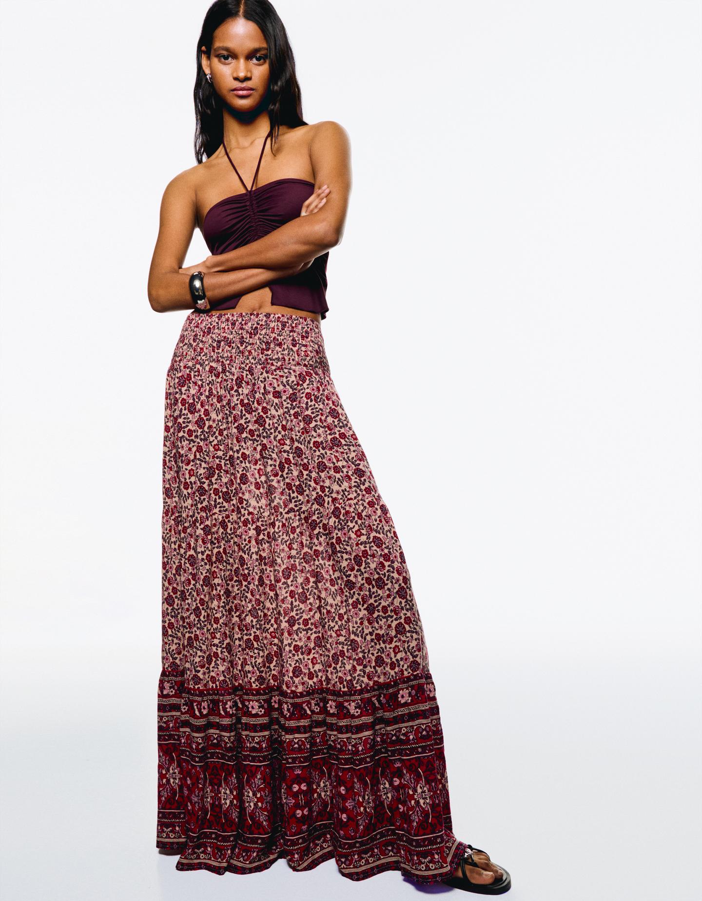Bershka Jupe Maxi Boho Imprimée Femme S Rose
