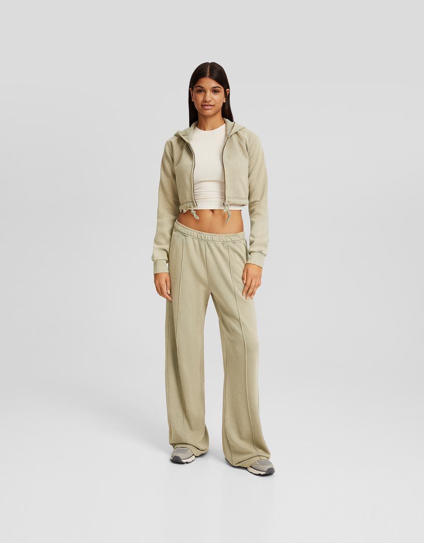 Cropped zip-up hoodie-Khaki-3