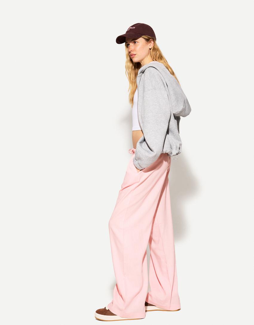 Linen blend trousers with an elasticated waistband-Pink