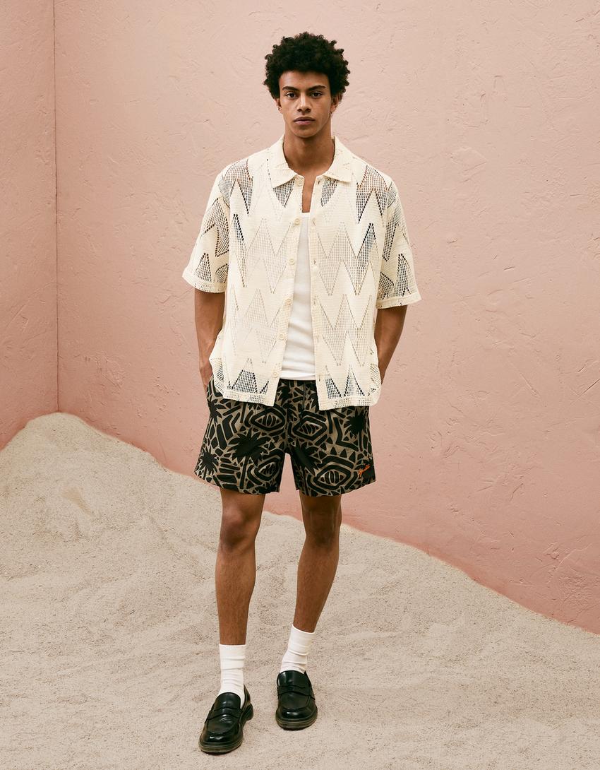 Desenli deniz şortu-Haki-3