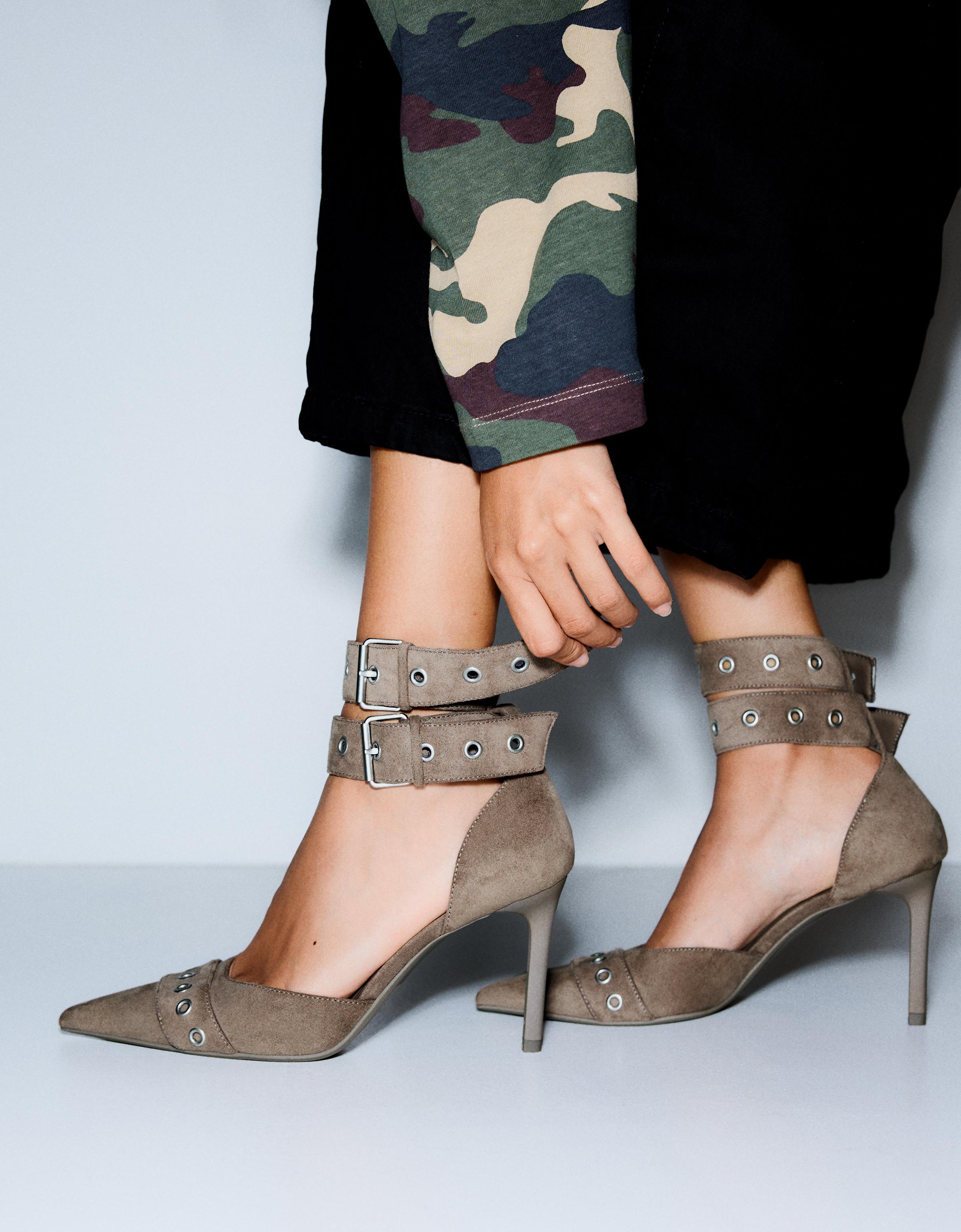 MULTI-BUCKLE ANKLE STRAP HEELS — SAND