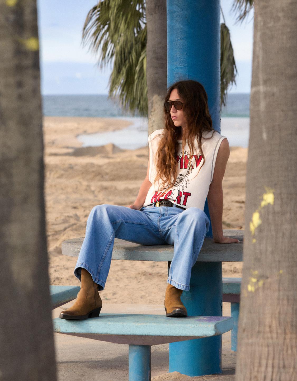 Slub effect print sleeveless T-shirt