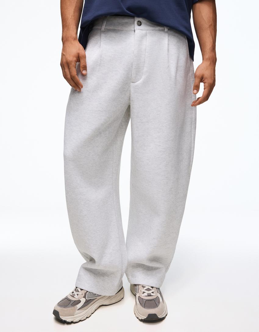 Pantaloni balloon waffle ricamati-Grigio