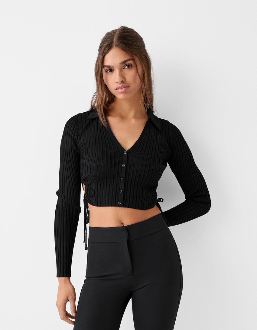Polo collar cardigan with buttons and gathered side-Black-0