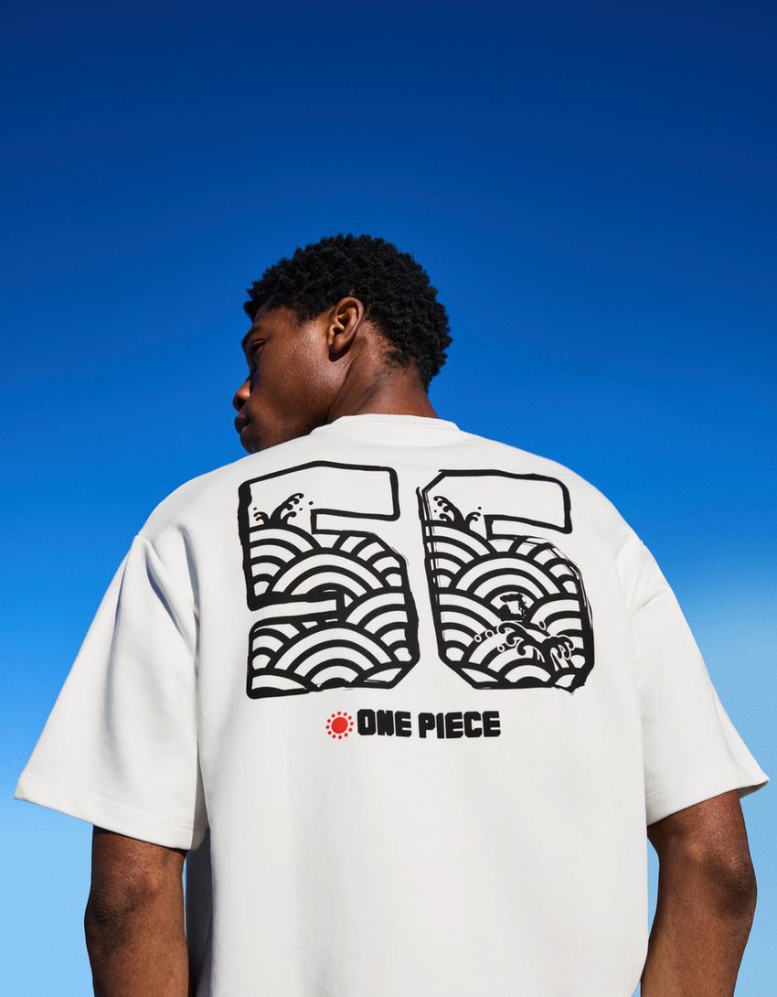 T-shirt One Piece molleton manches courtes imprimé-Blanc cassé