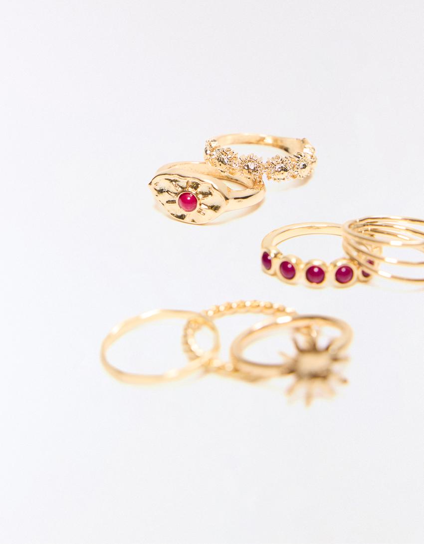 7-pack of beaded rings-Gold