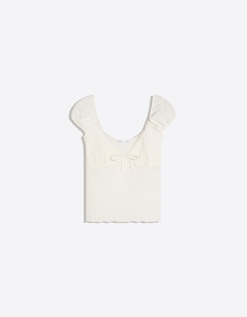 Short sleeve waffle-knit T-shirt-Cream