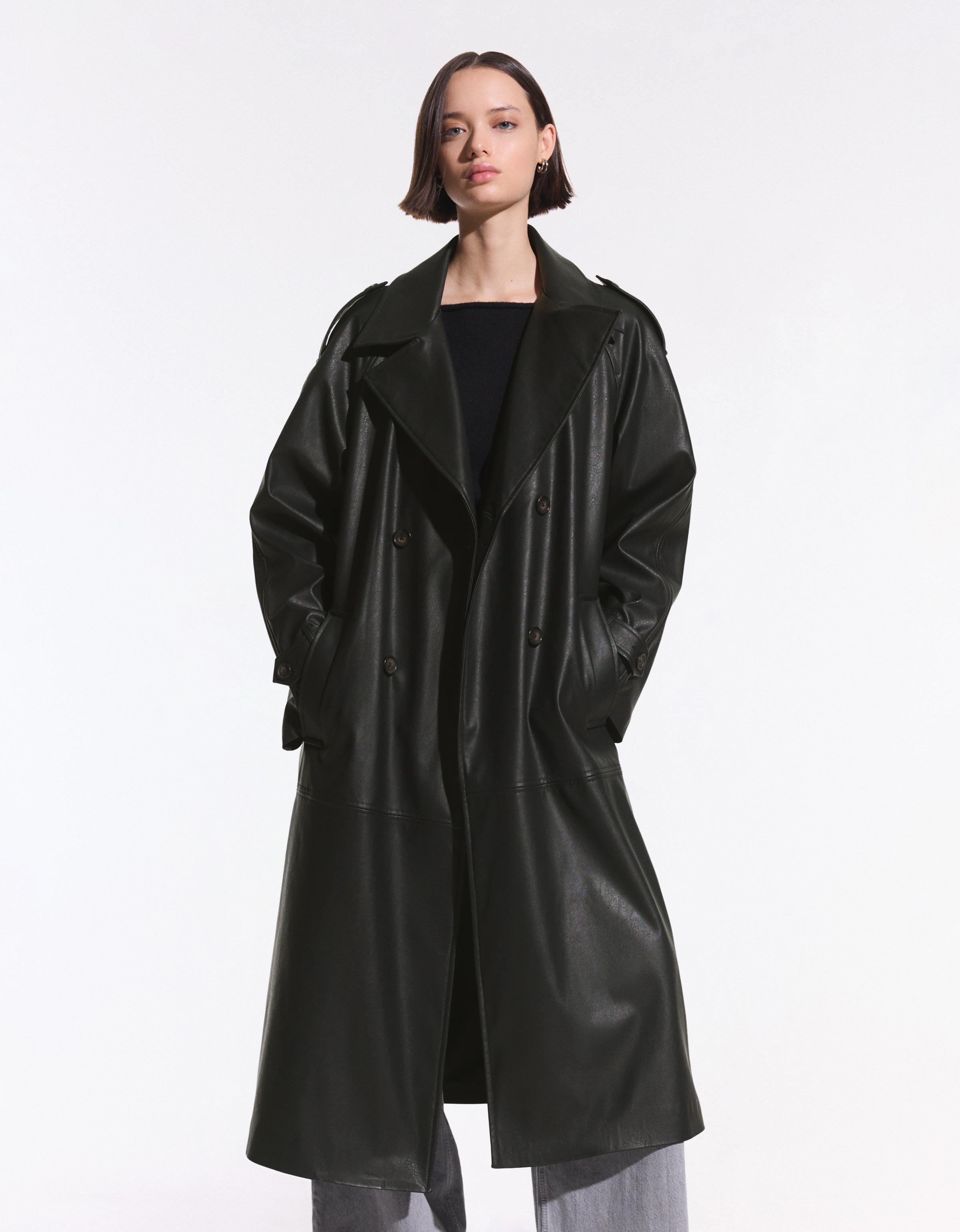 Long trench coat with leather effect belt - Jackets and trench