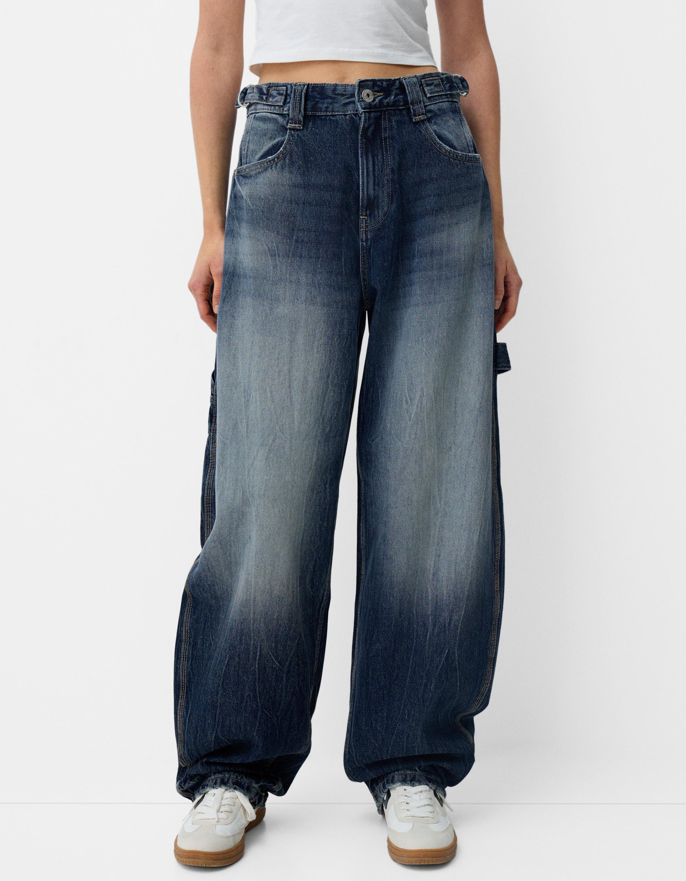 Bershka Verstellbare Workwear-Jeans Im Balloon-Fit Damen 42 Dunkelblau