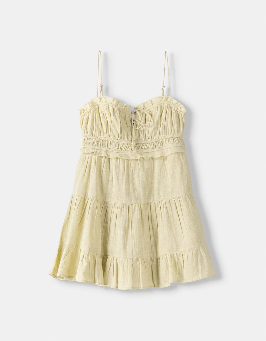 Vestido mini rústico folhos-Verde-5